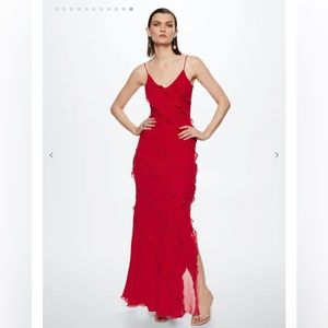 Mango Red Chiffon Ruffle Dress